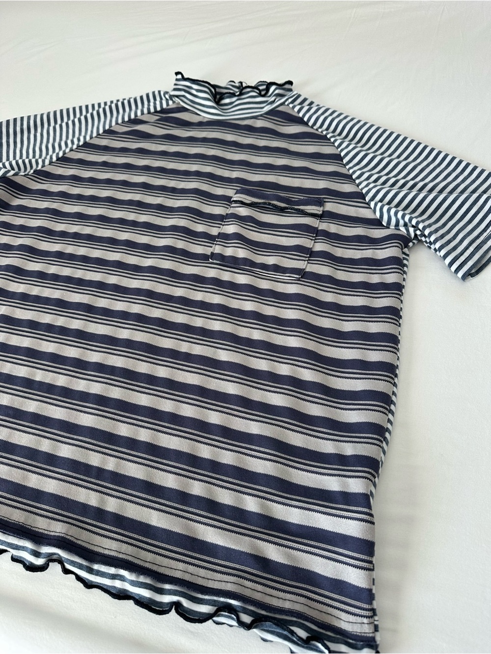 SHEIN Navy & White Striped Raglan Short Sleeve Pocket Tee